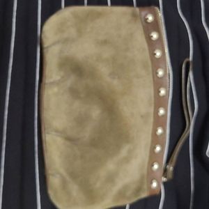 Wristlet suede/leather studded military green